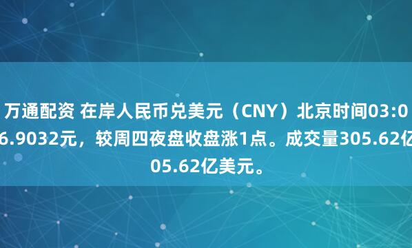 万通配资 在岸人民币兑美元（CNY）北京时间03:00收报6.9032元，较周四夜盘收盘涨1点。成交量305.62亿美元。